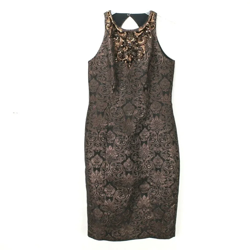 Maggy London Dress Size 4 Petite Bronze‎ Sequins Sleeveless Sheath Open Back